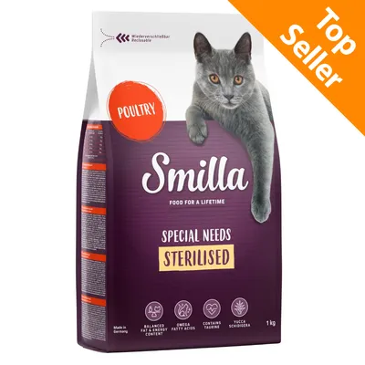 Smilla Special Needs Sterilised Poultry, alimento per gatti sterilizzati, 1 kg. Testo visibile: Balanced fat & energy content, Omega fatty acids, Contains taurine, Yucca schidigera.