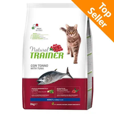 Natural Trainer kattenvoer met tonijn, cranberry-extract en bietenpulp, 3 kg zak. Tekst: zonder kleurstoffen, conserveermiddelen, toegevoegde suikers. Top Seller label zichtbaar.