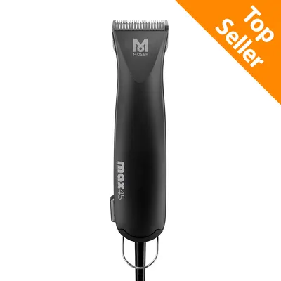 Tosatrice elettrica nera Moser max 45 con scritta 'Top Seller' in alto a destra sull'immagine.