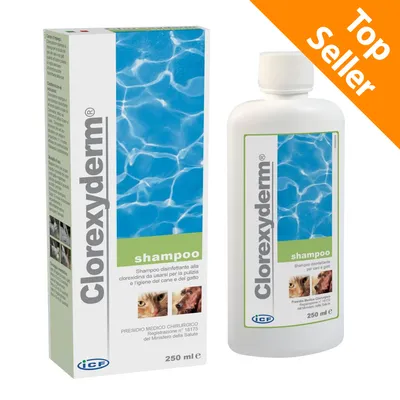Clorexyderm shampoo, 250 ml, kutyáknak és macskáknak. Top Seller felirat látható a képen.