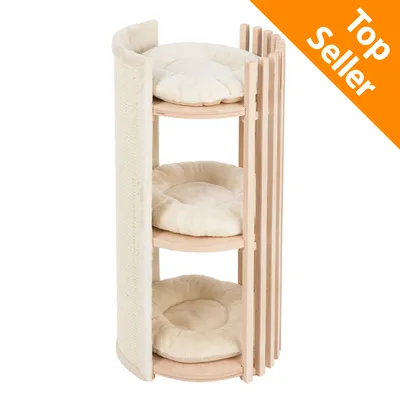 Tiragraffi cilindrico in legno chiaro con tre piani imbottiti color crema e superficie laterale in tessuto, etichetta arancione con testo Top Seller in alto a destra.