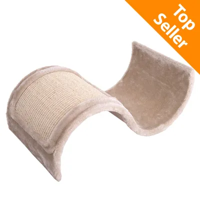 Tiragraffi ondulato in tessuto beige con superficie centrale in sisal, angolo arancione in alto a destra con testo 'Top Seller' in inglese.