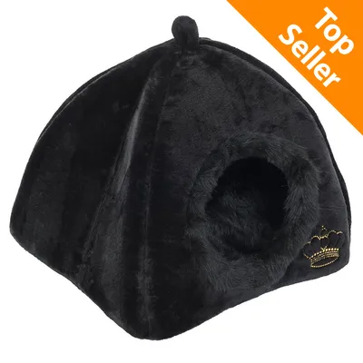Cuccia nera a forma di tenda in tessuto peloso con ingresso circolare e corona dorata ricamata. Angolo superiore destro con etichetta arancione: Top Seller.