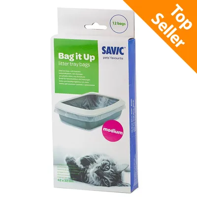 Confezione di sacchetti per lettiera Savic Bag it Up, 12 pezzi, misura medium, 42 x 32 cm. Etichetta arancione con testo: Top Seller.