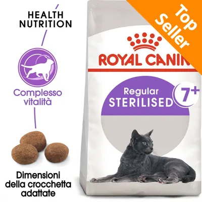 ROYAL CANIN Regular Sterilised 7+, complesso vitalità, dimensioni della crocchetta adattate, Top Seller, immagine di un gatto nero su confezione bianca e viola.