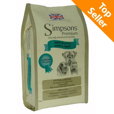 Simpsons Premium Adult Sensitive Lamb & Potato, GRAIN FREE 45% Lamb, ipoallergenico, senza cereali, soia o latticini, con glucosamina, condroitina, mirtilli rossi, prebiotici, nucleotidi. Top Seller.