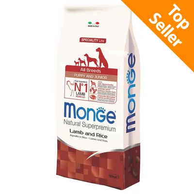 Zak Monge Natural Superpremium Lamb and Rice, 12 kg, voor puppy en junior van alle rassen. Tekst: 'Top Seller', 'First ingredient N°1 Lamb', 'Made in Italy'.