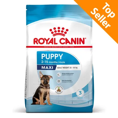 Royal Canin Puppy Maxi 2–15 months, peso adulto 26–44 kg. Testo visibile: Strong immune system, Brain development, Contains natural antioxidants. Top Seller in alto a destra.