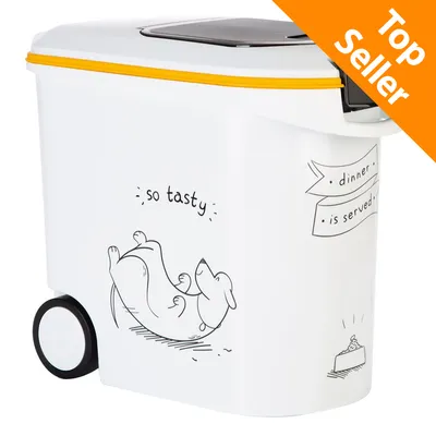 Contenitore bianco per alimenti con ruote, disegno di cane e scritte visibili: 'so tasty', 'dinner is served'. Etichetta arancione in alto a destra: Top Seller.