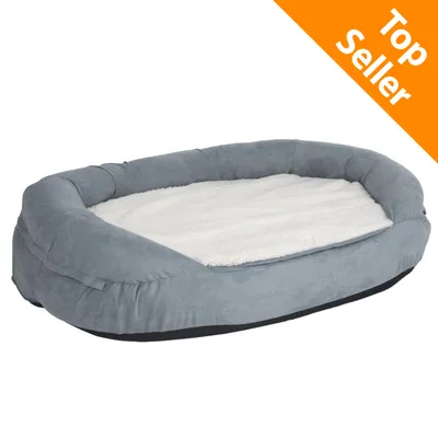 Cuscino ovale per animali in tessuto grigio con interno bianco, angolo arancione in alto a destra con testo: Top Seller