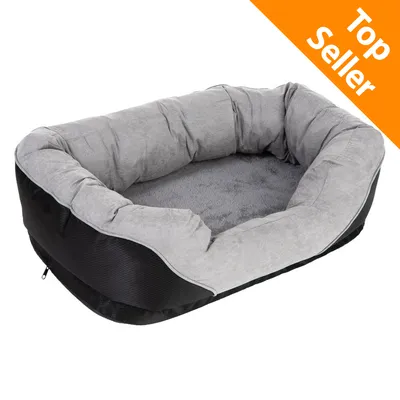 Cuscino rettangolare per animali in tessuto grigio e nero, angolo superiore con scritta Top Seller su sfondo arancione.
