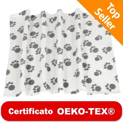 Coperta in tessuto bianco con impronte nere, testo visibile: Certificato OEKO-TEX®, Top Seller