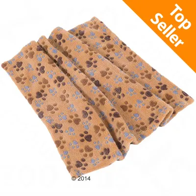 Coperta in tessuto beige con impronte di zampe marroni e blu. Angolo arancione con testo: Top Seller.