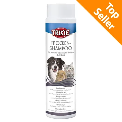 Trixie Trocken-Shampoo per cani, gatti e altri piccoli animali. Testo visibile: Top Seller. Immagini di cane, gatto e coniglio sulla confezione.
