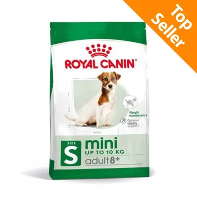 Royal Canin mini adult 8+, taglia S fino a 10 kg, scritte visibili: Weight maintenance, Optimal vitality support, Top Seller in alto a destra su sfondo arancione. Royal Canin mini adult 8+, taglia S fino a 10 kg, scritte visibili: Weight maintenance, Optimal vitality support, Top Seller in alto a destra su sfondo arancione.