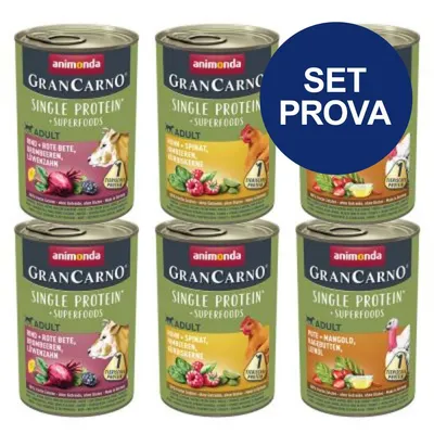 Set prova Animonda GranCarno Single Protein Superfoods Adult, 6 lattine assortite con testi visibili: manzo, barbabietola rossa, mirtilli, tarassaco; pollo, spinaci, lamponi, semi di girasole.