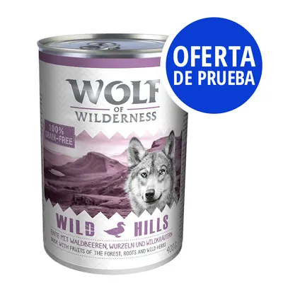 Lata de Wolf of Wilderness Wild Hills, 400 g. Texto visible: 100% grain-free, oferta de prueba, duck with fruits of the forest, roots and wild herbs.