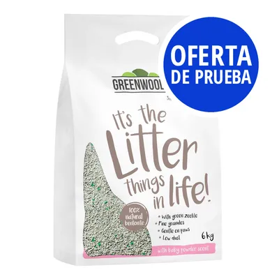 Greenwool arena para gatos, 100% bentonita natural, con zeolita verde, gránulos finos, suave para las patas, bajo polvo, aroma a talco de bebé, paquete de 6 kg. Oferta de prueba.