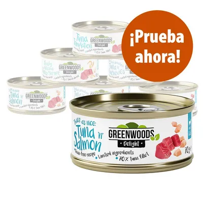 Latas de comida para gatos Greenwoods Delight, variedad Tuna 'n' Salmon, 70 g. Texto visible: '¡Prueba ahora!'. Ingredientes limitados, 70 % filete de atún.