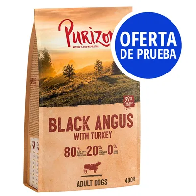 Purizon Black Angus with Turkey para perros adultos, 400 g. Oferta de prueba. 80 % Black Angus, ave, huevo; 20 % fruta, verduras y hierbas; 0 % grano añadido. 39 % proteína.