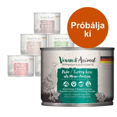 Venandi Animal Premium Katzenfutter konzerv, Pute/Turkey hen als Mono-Protein felirattal, több ízváltozatban. Narancssárga körben: Próbálja ki. Venandi Animal Premium Katzenfutter konzerv, Pute/Turkey hen als Mono-Protein felirattal, több ízváltozatban. Narancssárga körben: Próbálja ki.