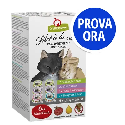 GranataPet Filet à la carte, multipack 6 x 85 g per gatti. Gusti: 2x Huhnchen PUR, 2x Ente & Huhn, 1x Huhn & Kaninchen, 1x Thunfisch & Pute. Prova ora.