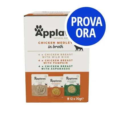 Applaws Chicken Medley in broth per gatti, 12 x 70g: 4 petti di pollo con riso selvatico, 4 con zucca, 4 con asparagi. Scritta blu: PROVA ORA.