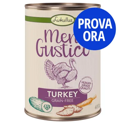 Lukullus Menu Gustico Turkey Grain-Free, lattina da 400 g con disegni di tacchino, cetriolo, carota e patata dolce. Testo visibile: 'PROVA ORA', 'Human Grade Quality'.