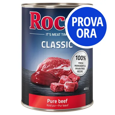 Rocco Classic Pure beef, 400 g. Testo visibile: 100% fresh ingredients & grain-free recipe, PROVA ORA, Rind pur, Pur boeuf.