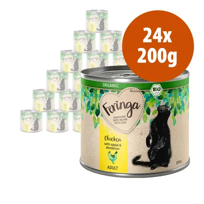24 lattine da 200 g di Feringa Organic Chicken with apple & dandelion per gatti adulti, confezione con etichetta verde e disegno di gatto nero. Testo visibile: BIO, ORGANIC.
