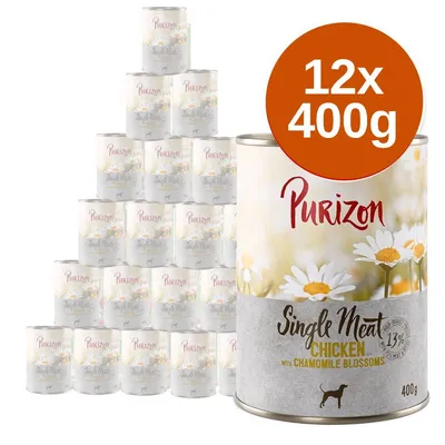 Purizon Single Meat Chicken with Chamomile Blossoms kutyaeledel, 12×400 g konzerv csomagolásban. Felirat: 13% single meat, 400g.