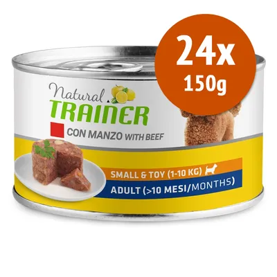 Natural Trainer con manzo with beef, 24x150g. Voor kleine honden (1–10 kg), adult (>10 maanden). Blik met afbeelding van vlees op bord.
