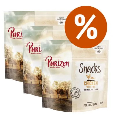 Purizon Snacks Chicken with Fish, 100% meat, fish & liver, for adult cats, confezione da 40 g, offerta speciale con simbolo percentuale visibile sulla confezione.