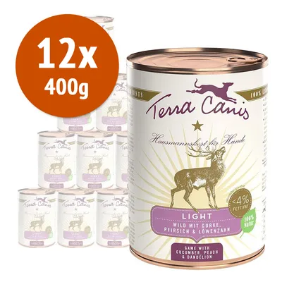 12x400g Terra Canis Light, selvaggina con cetriolo, pesca e tarassaco, <4% grassi, 100% naturali. Testo in tedesco: Wild mit Gurke, Pfirsich & Löwenzahn.