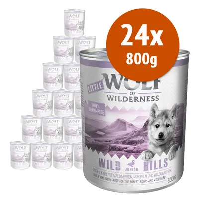 24 lattine da 800 g ciascuna di Wolf of Wilderness Little Wild Hills Junior, anatra e vitello con frutti di bosco, radici ed erbe selvatiche. 100% grain-free visibile sulla confezione. 24 lattine da 800 g ciascuna di Wolf of Wilderness Little Wild Hills Junior, anatra e vitello con frutti di bosco, radici ed erbe selvatiche. 100% grain-free visibile sulla confezione.