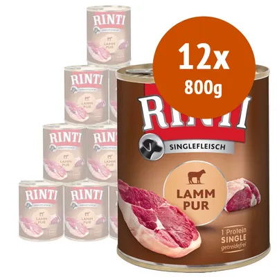 12x800g Rinti Singlefleisch Lamm Pur, confezione di 12 lattine da 800 g ciascuna. Testo visibile: 1 Protein Single, getreidefrei.