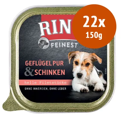 Confezione Rinti Feinest, testo visibile: Geflügel pur & Schinken, helle Filetstücke, ohne Innereien, ohne Leber, 22x150g. Immagine di un cane sul fronte.