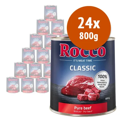 Rocco Classic Pure beef, confezione da 24 lattine da 800 g. Testo visibile: 100% fresh ingredients & grain-free recipe. Immagine di carne sulla confezione.