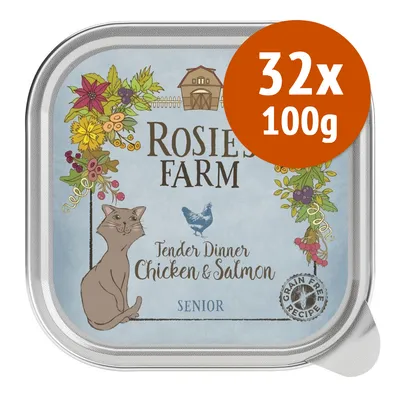 Rosie's Farm Tender Dinner Chicken & Salmon Senior, ricetta senza cereali, confezione 32 x 100 g. Immagine di una vaschetta con disegni di fiori e un gatto.