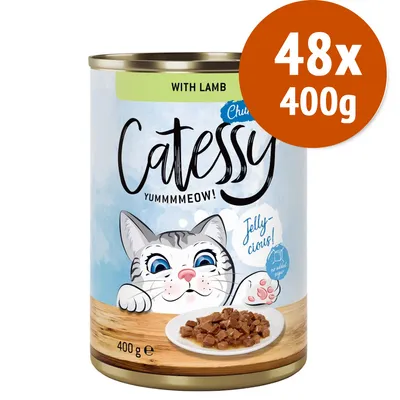 Catessy with lamb, confezione da 48 lattine da 400 g. Testo visibile: YUMMMMEOW!, Jelly-cious!, 400 g e, no added sugar. Immagine di cibo per gatti a cubetti in gelatina.