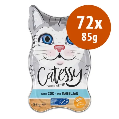 Catessy with cod, confezione da 72 x 85 g. Testo visibile: Yummmmeow!, with cod, mit Kabeljau, certified sustainable seafood MSC, grain-free recipe.