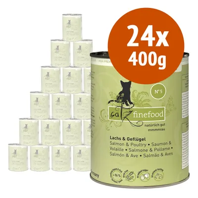 Catz finefood N°5 Lachs & Geflügel, confezione da 24 lattine da 400 g. Testo visibile: naturalmente buono, senza zucchero, salmon & poultry, salmone & pollame. Catz finefood N°5 Lachs & Geflügel, confezione da 24 lattine da 400 g. Testo visibile: naturalmente buono, senza zucchero, salmon & poultry, salmone & pollame.