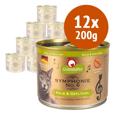 GranataPet Symphonie No.6 Kalb & Geflügel, confezione da 12 lattine da 200 g ciascuna, alimento per gatti. Testo visibile: senza cereali, prodotto in Germania.
