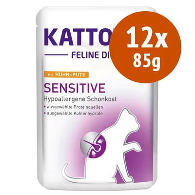 Kattovit Feline Diet Sensitive con pollo e tacchino, 12x85g. Hypoallergene Schonkost, ausgewählte Proteinquellen, ausgewählte Kohlenhydrate. Testo in tedesco.