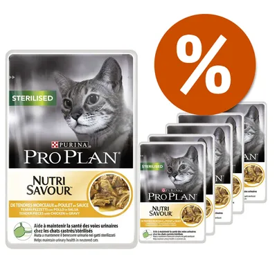 Purina Pro Plan Nutri Savour Sterilised, teneri pezzetti con pollo in salsa per gatti sterilizzati. Immagine di più confezioni e simbolo percentuale per offerta.