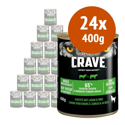 Crave paté per cani, confezione da 24 lattine da 400 g. Testo visibile: 65% ingredienti di origine animale, senza cereali, alto livello di proteine, agnello e manzo. Crave paté per cani, confezione da 24 lattine da 400 g. Testo visibile: 65% ingredienti di origine animale, senza cereali, alto livello di proteine, agnello e manzo.