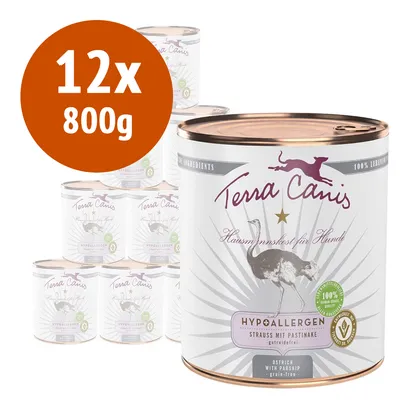 12x800g Terra Canis Hypoallergen Strauss mit Pastinake, alimento umido per cani. Testo visibile: 100% ingredients, grain-free, ostrich with parsnip. 12x800g Terra Canis Hypoallergen Strauss mit Pastinake, alimento umido per cani. Testo visibile: 100% ingredients, grain-free, ostrich with parsnip.