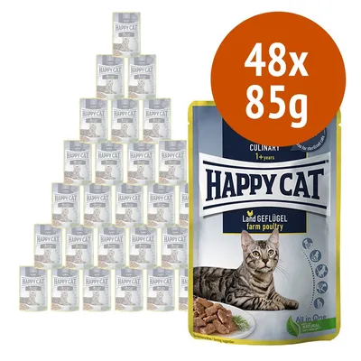 Confezione multipla Happy Cat Land Geflügel, 48 buste da 85 g ciascuna, immagine del prodotto con gatto e scritta 'farm poultry' visibile sulla confezione.