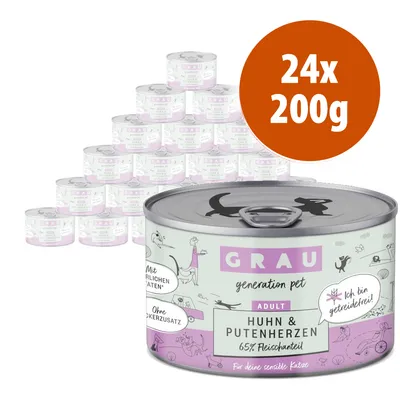 24x200g GRAU generation pet Adult Huhn & Putenherzen 65% Fleischanteil, senza cereali, senza zuccheri aggiunti. Testo in tedesco sulla confezione.