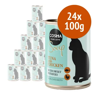 Cosma Pure Love Soup, confezione 24x100g, gusto Tuna and Chicken with Sweet Potatoes in delicate broth. Immagine di lattine con silhouette di gatto.